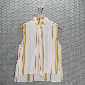 Frame Genuine Silk Sleeveless Shirt-White with Stripes-High Collar-Sz M